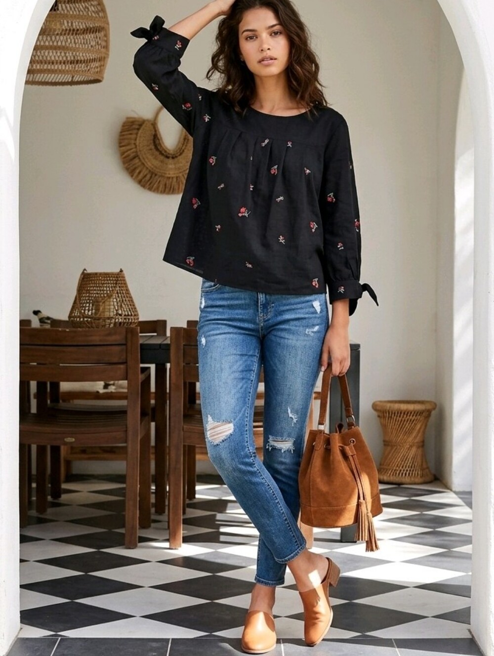 LC Lauren Conrad Black Floral Tie-Cuff Peasant Embroidery Blouse L